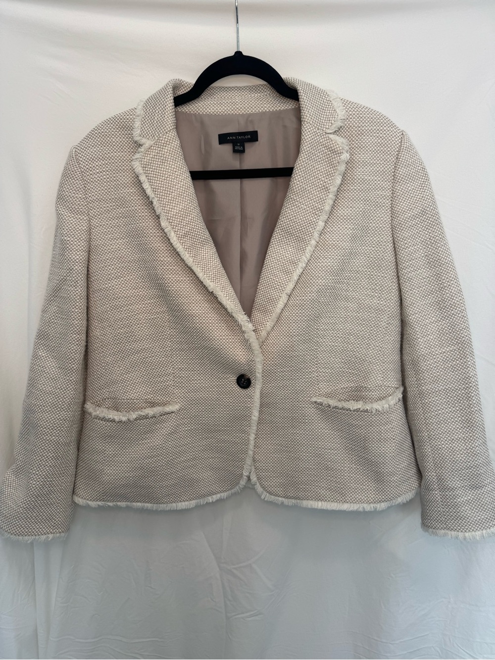 Ann Taylor Cream Fringed-Trim Textured Blazer
